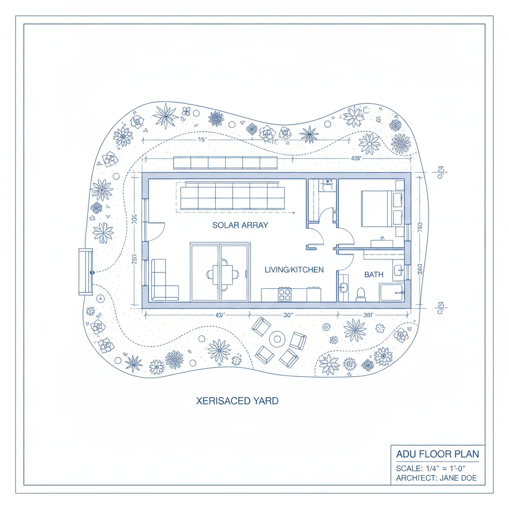 Technical floor plan of a modern sustainable ADU expansion